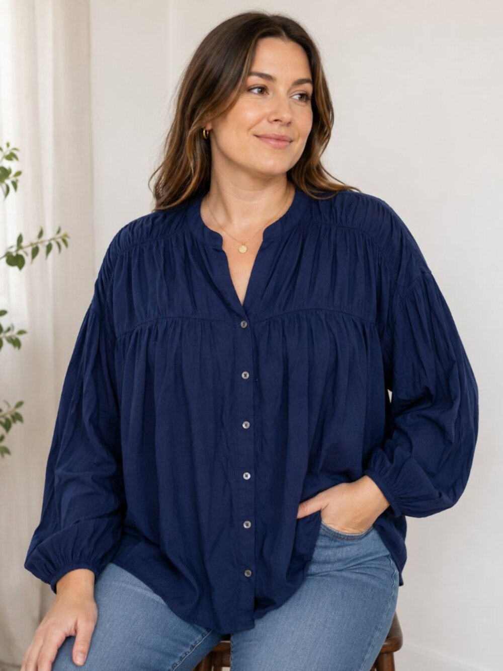 Entro Anthropologie Navy Babydoll Blouse L Boho Balloon Sleeve Coastal Cottageco